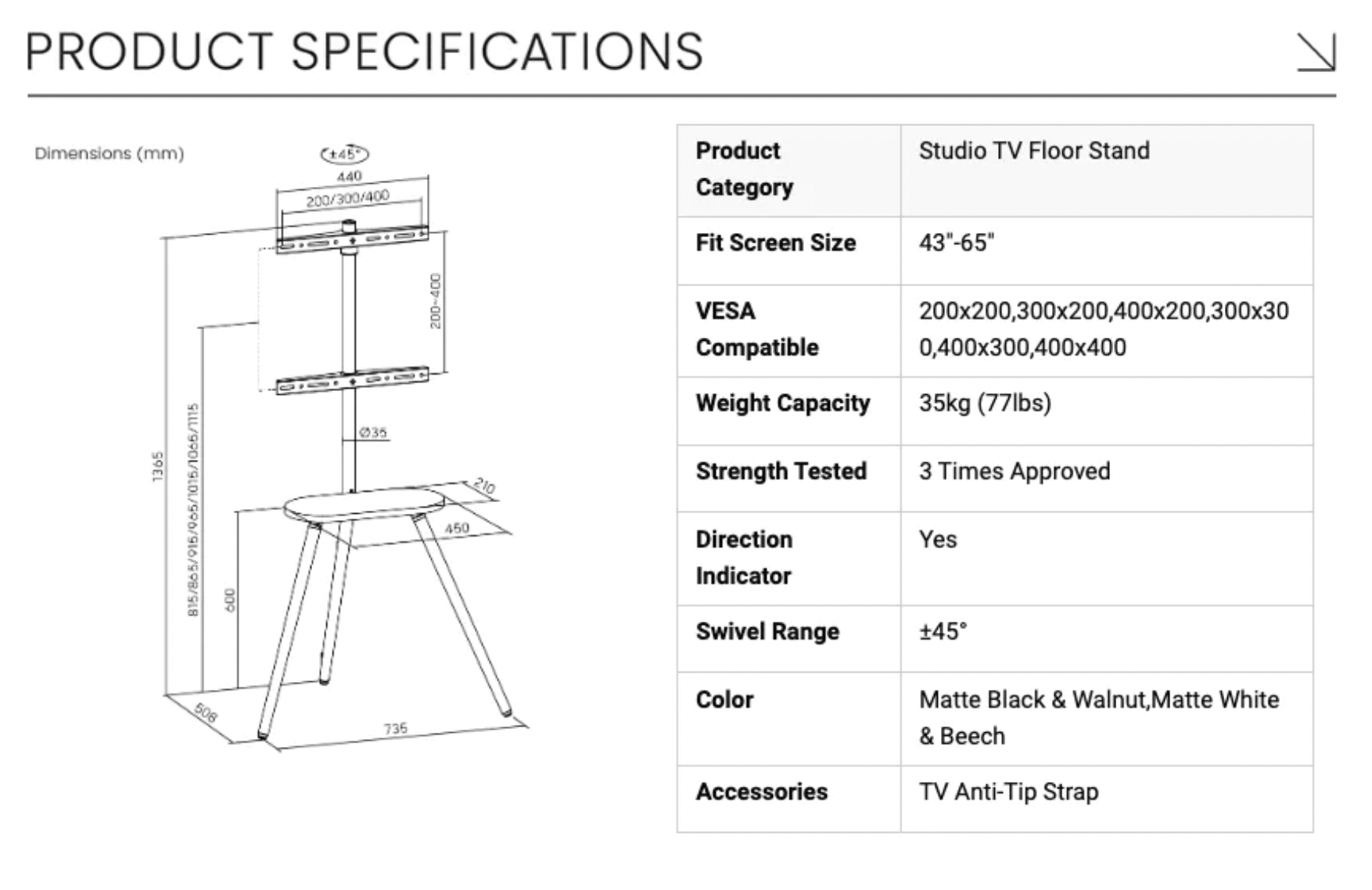 Brateck FS28-44F-04 Easel Studio Tripod TV Floor Stand with Shelf for 43-65 Inch TVs Wood Legs - Image 6